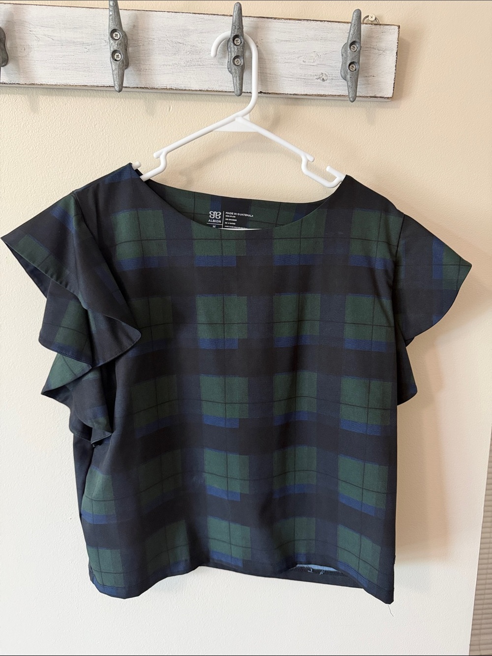 Albion Fit Green & Navy Plaid Ruffle Sleeve Top